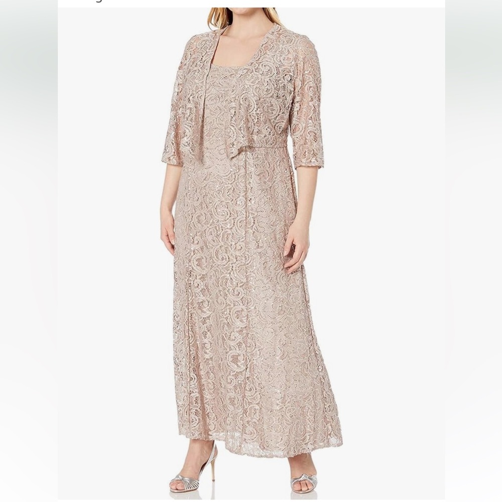 NWT Alex Evenings Womens Buff Lace Sequins 2Pc Formal Evening Dress Gown Jacket